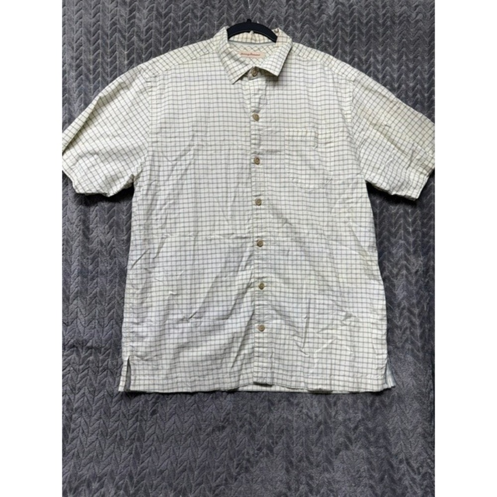 Tommy Bahama Mens Large Cream Green Check Cotton Silk Button Down Shirt 0705